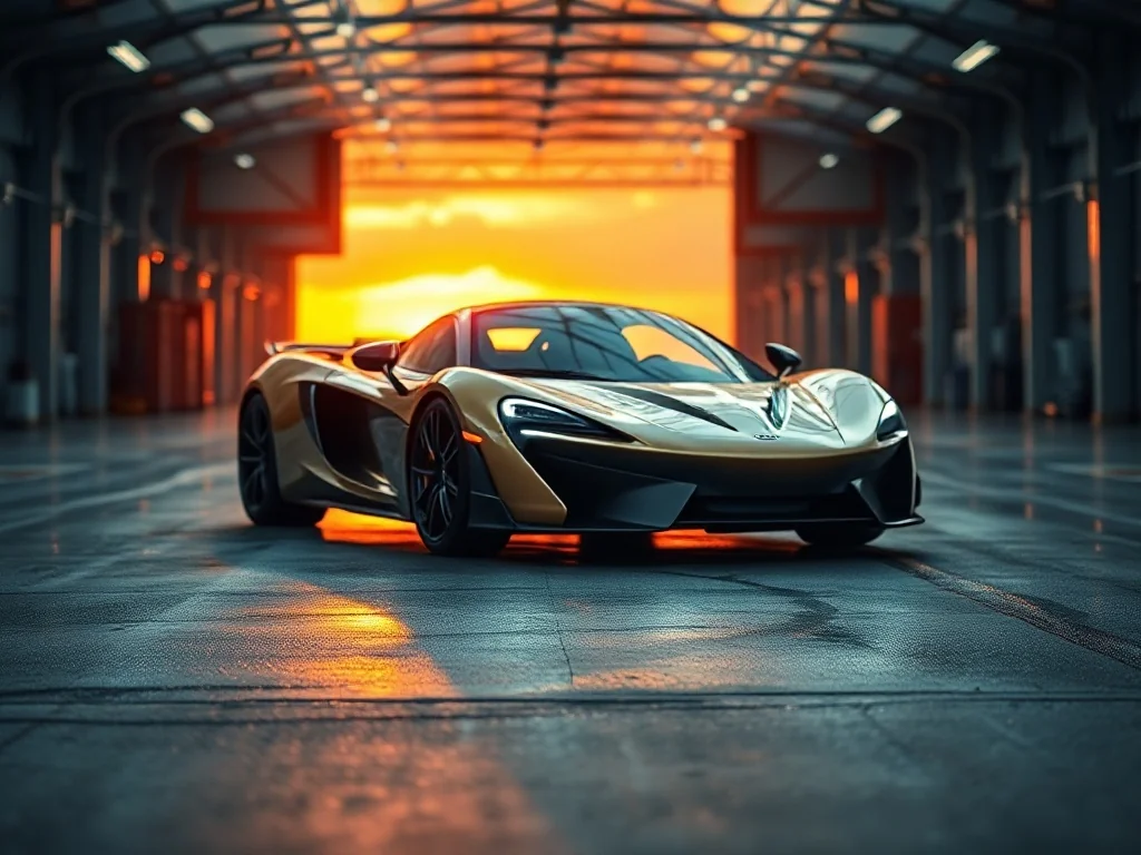 Nowoczesny McLaren zaparkowany na mokrym torze o zachodzie słońca, podkreślający aerodynamiczną sylwetkę sportowego auta.