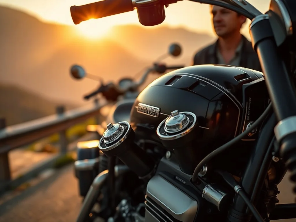 Zbliżenie na chromowany silnik V-twin motocykla Sportster 883 z motocyklistą w tle na górskiej drodze podczas zachodu słońca.