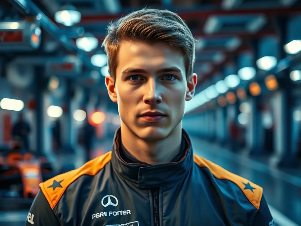 Max Verstappen w profesjonalnym stroju wyścigowym na tle garażu zespołu Formuły 1.