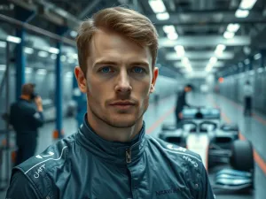 Portret kierowcy wyścigowego Oscara Piastriego w stroju zespołu na tle nowoczesnego garażu Formuły 1.