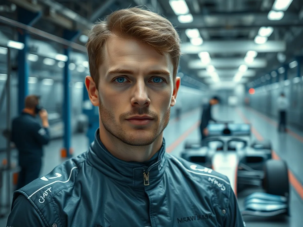 George Russell w profesjonalnym kombinezonie wyścigowym w garażu zespołu Formuły 1.
