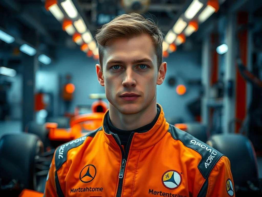 Liam Lawson w profesjonalnym stroju wyścigowym na tle garażu Formuły 1.