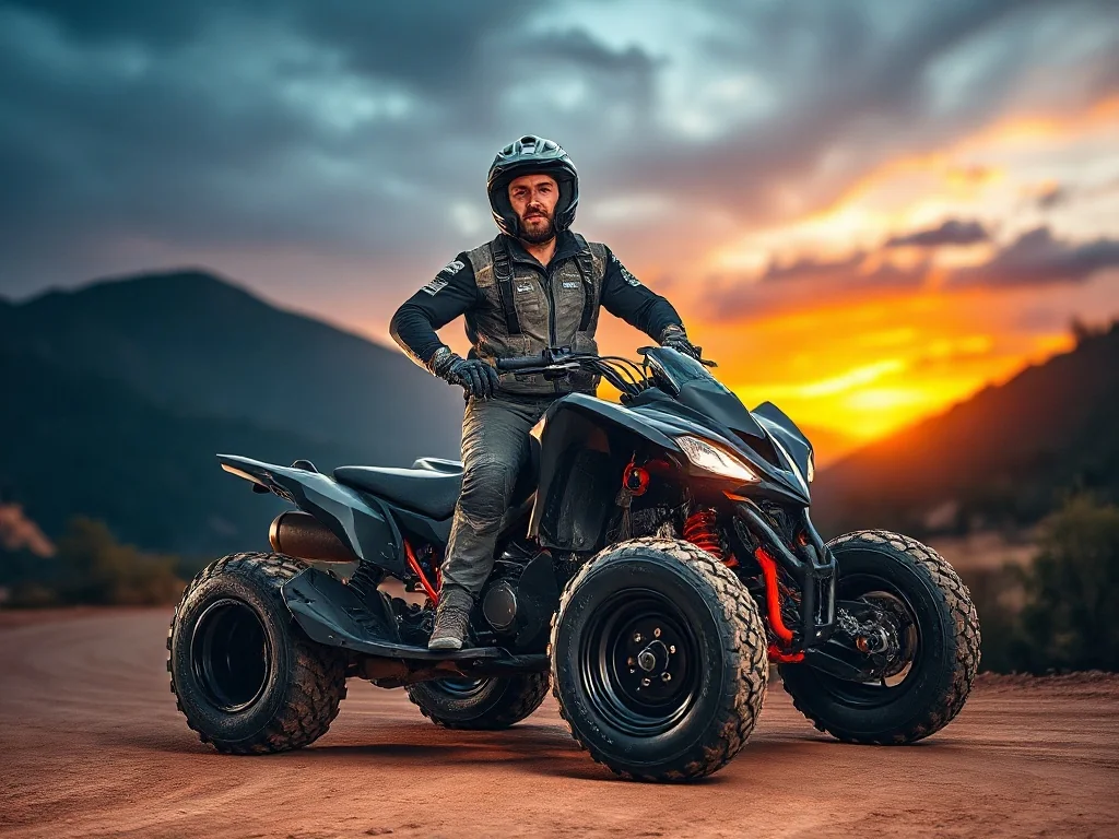 Mężczyzna w profesjonalnym stroju off-road stoi obok quada Bashan 250 na tle górskiej trasy podczas zachodu słońca.