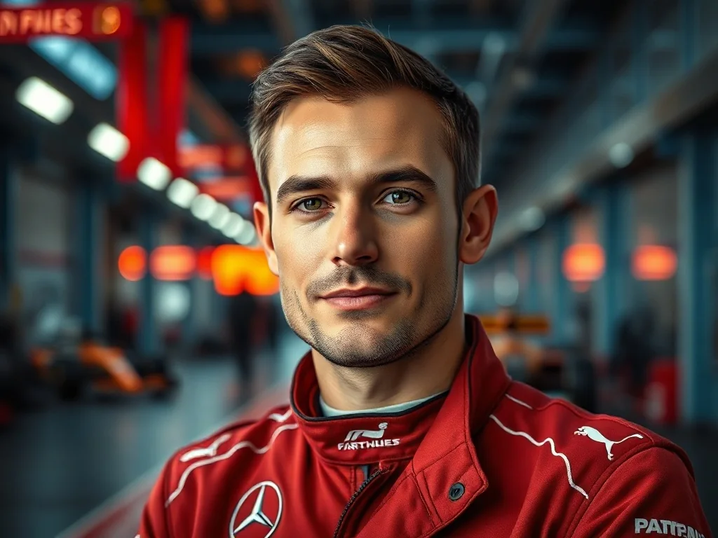 Charles Leclerc w stroju wyścigowym na tle nowoczesnego garażu Formuły 1.