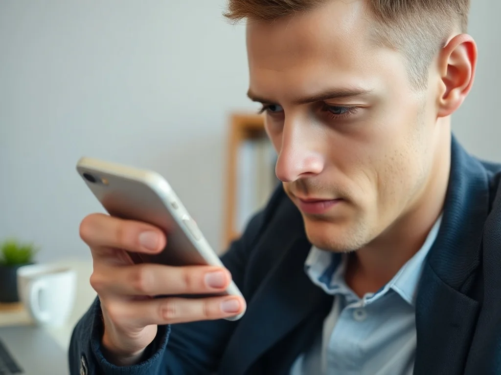 Mężczyzna płacący smartfonem za mandat w domowym biurze, co ilustruje proces dokonywania płatności online.