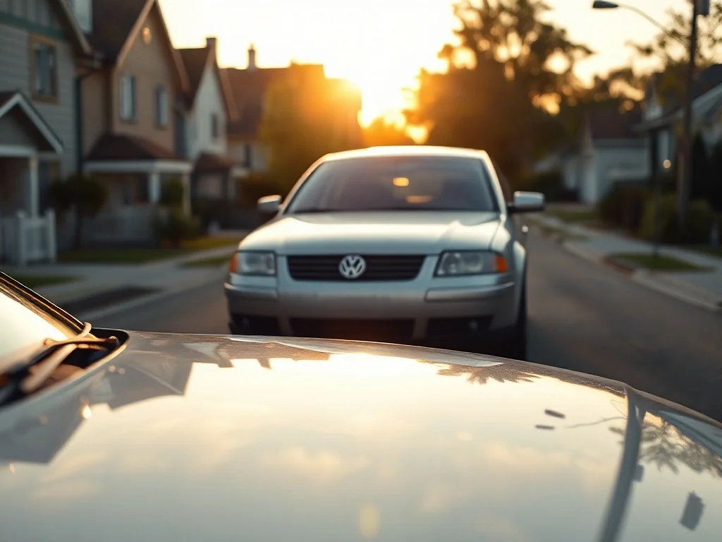 Srebrny Volkswagen Passat B5 zaparkowany na nowoczesnej ulicy w blasku zachodzącego słońca.