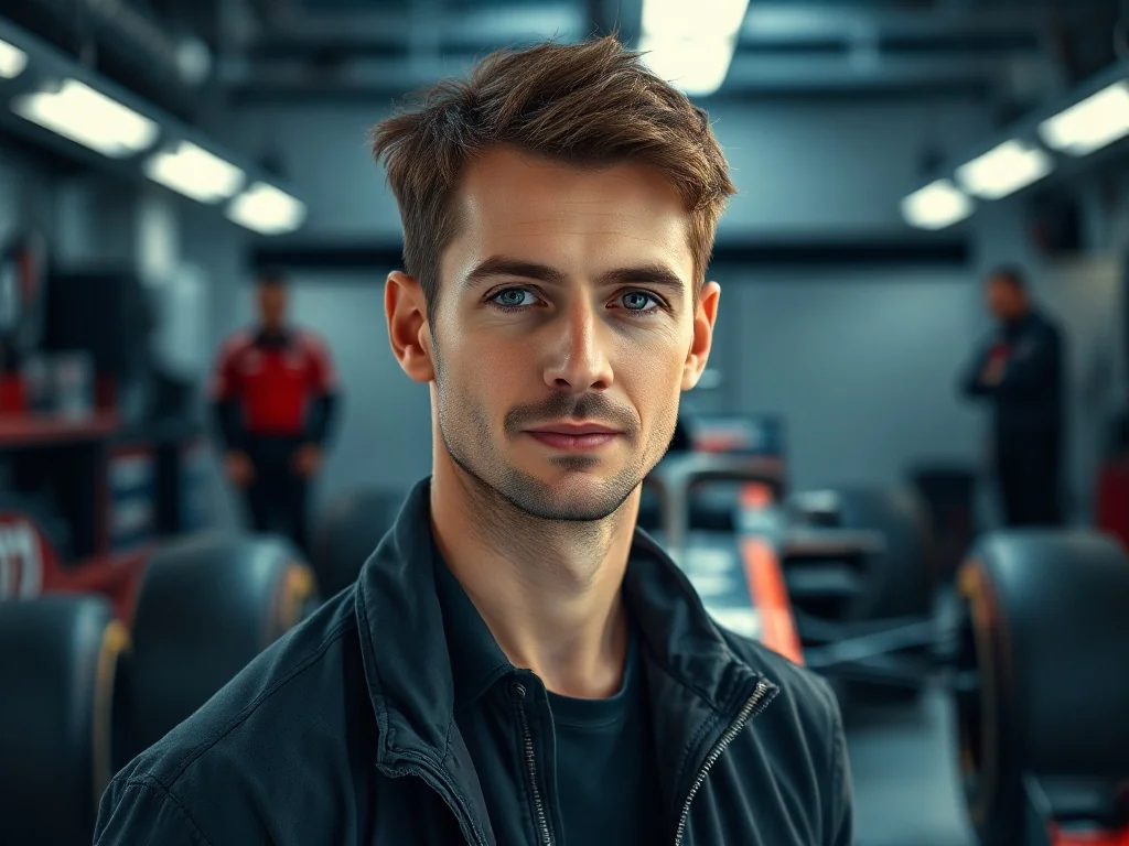 Lewis Hamilton w nowoczesnym garażu Formuły 1, w tle zarys bolidu wyścigowego.