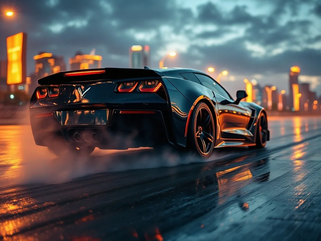 Sportowy samochód z napędem na tył driftujący na mokrym asfalcie, ilustrujący dynamikę jazdy RWD.