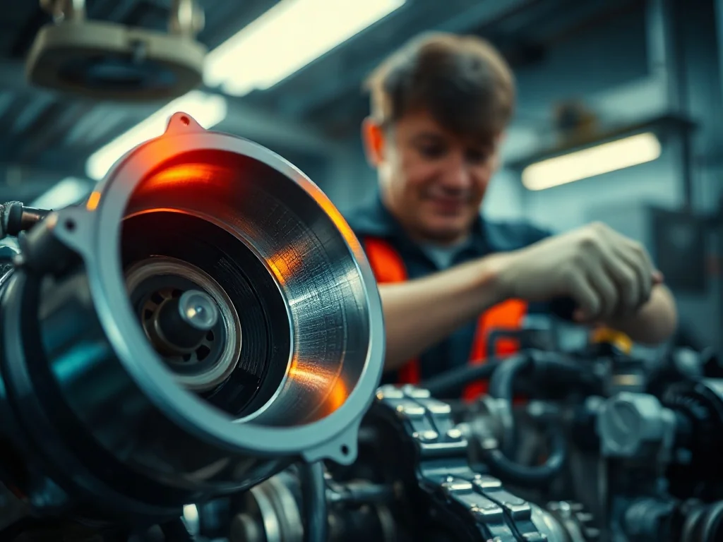 Zbliżenie na turbosprężarkę samochodową w nowoczesnym warsztacie, w tle mechanik pracujący przy silniku.