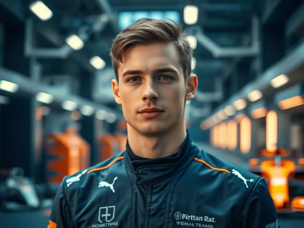 Portret kierowcy wyścigowego Oscara Piastriego w stroju zespołu na tle nowoczesnego garażu Formuły 1.