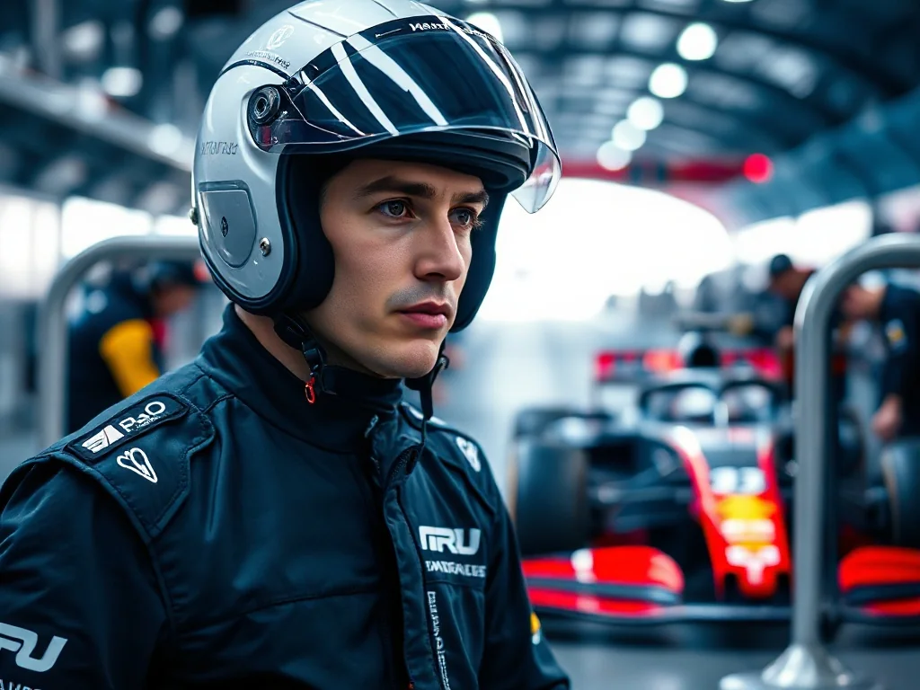 Andrea Kimi Antonelli w profesjonalnym stroju wyścigowym na torze Formuły 1 w otoczeniu mechaników i bolidu.