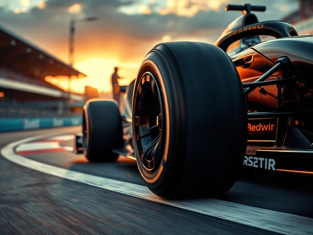 Zbliżenie na aerodynamiczny bolid Formuły 1 na torze wyścigowym w świetle zachodzącego słońca.