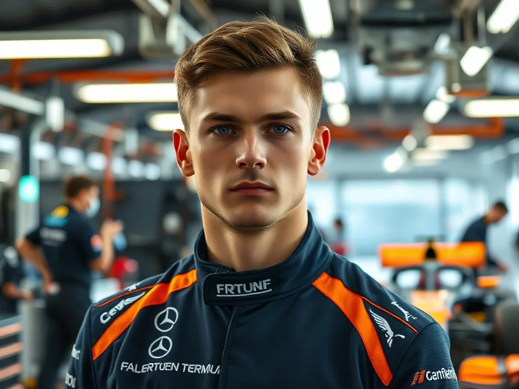 Lando Norris w profesjonalnym stroju wyścigowym na tle garażu zespołu Formuły 1.